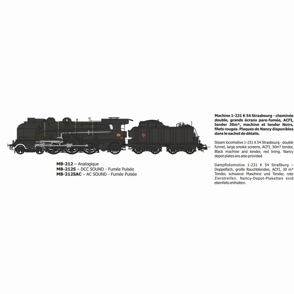 Locomotive à vapeur 1-231K 54 Strasbourg - Ree Modèles MB212SAC - HO 1/87 - SNCF - Ep III - Digital sound fumigène - 3R