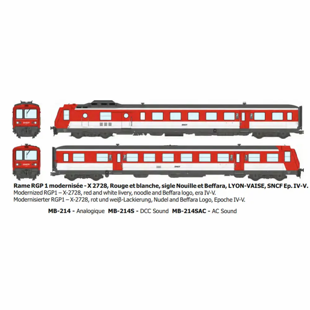 Autorail diesel RGP 1 modernisé X-2728, rouge et blanc, Lyon-Vaise, logo nouille et Beffara - Ree Modèles MB214S - HO 1/87 - SNCF - Ep IV-V - Digital sound - 2R