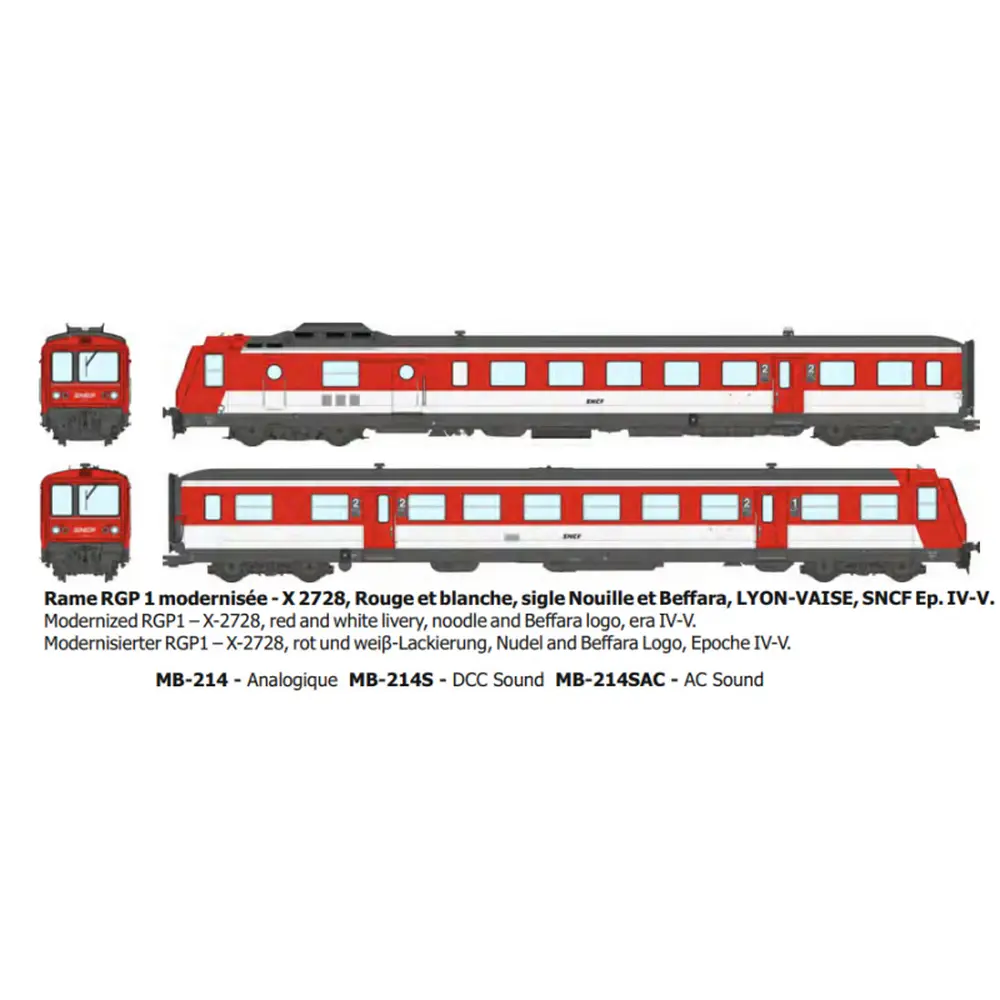 Autorail diesel RGP 1 modernisé X-2728, rouge et blanc, Lyon-Vaise, logo nouille et Beffara - Ree Modèles MB214SAC - HO 1/87 - SNCF - Ep IV-V - Digital sound - 3R