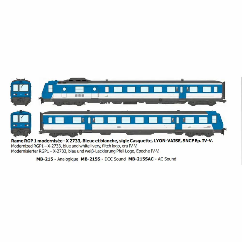 Autorail diesel RGP 1 modernisé X-2733, bleu et blanc, Lyon-Vaise, logo casquette - Ree Modèles MB215SAC - HO 1/87 - SNCF - Ep IV-V - Digital sound - 3R