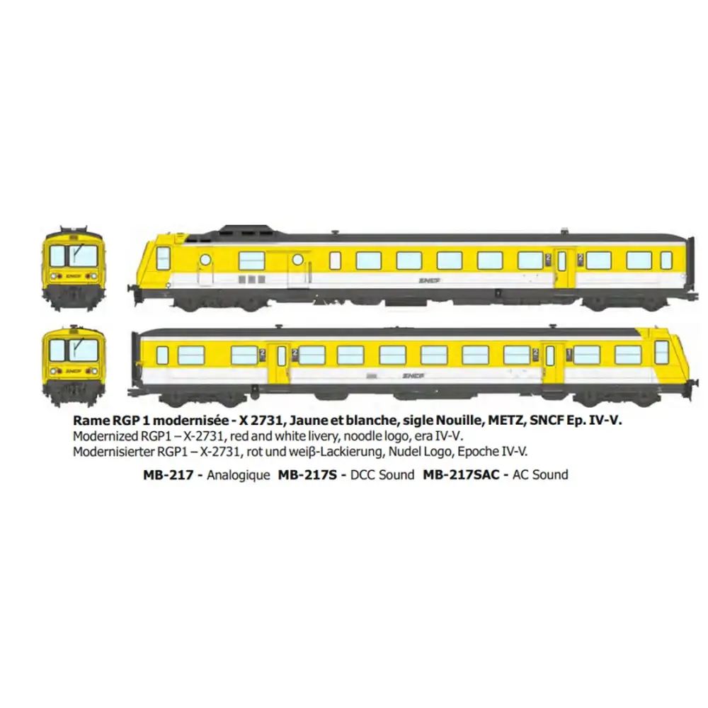 Autorail diesel RGP 1 modernisé X-2731, jaune et blanc, Metz, logo nouille - Ree Modèles MB217 - HO 1/87 - SNCF - Ep IV-V - Analogique - 2R