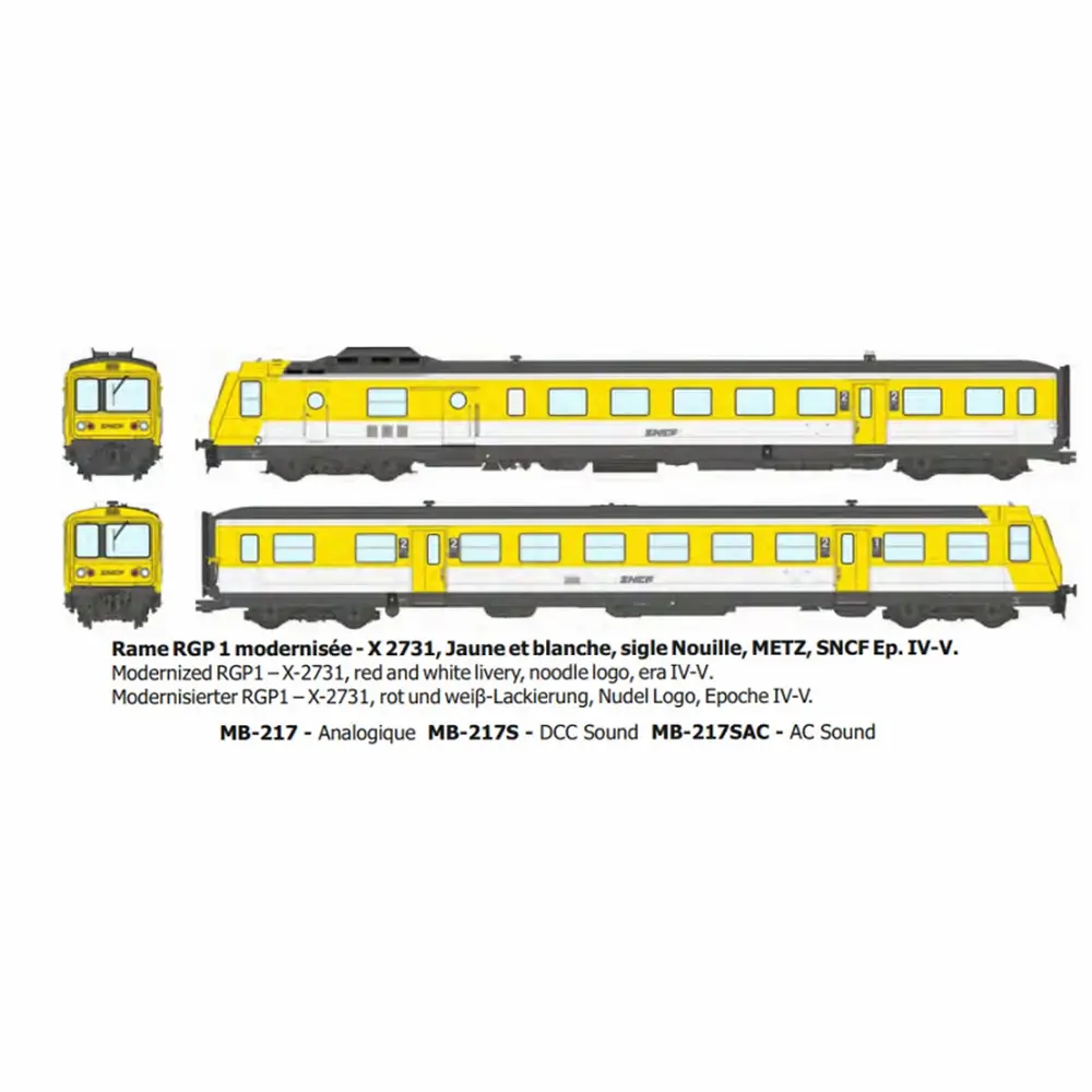 Autorail diesel RGP 1 modernisé X-2731, jaune et blanc, Metz, logo nouille - Ree Modèles MB217S - HO 1/87 - SNCF - Ep IV-V - Digital sound - 2R