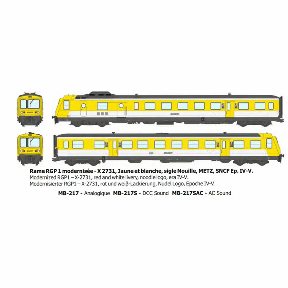 Autorail diesel RGP 1 modernisé X-2731, jaune et blanc, Metz, logo nouille - Ree Modèles MB217SAC - HO 1/87 - SNCF - Ep IV-V - Digital sound - 3R