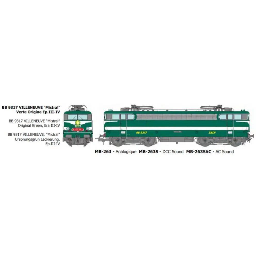 Locomotive électrique BB 9317, livrée verte, dépôt de Villeneuve avec plaque « Mistral » - Ree Modèles MB263 - HO 1/87 - SNCF - Ep III-IV - Analogique - 2R