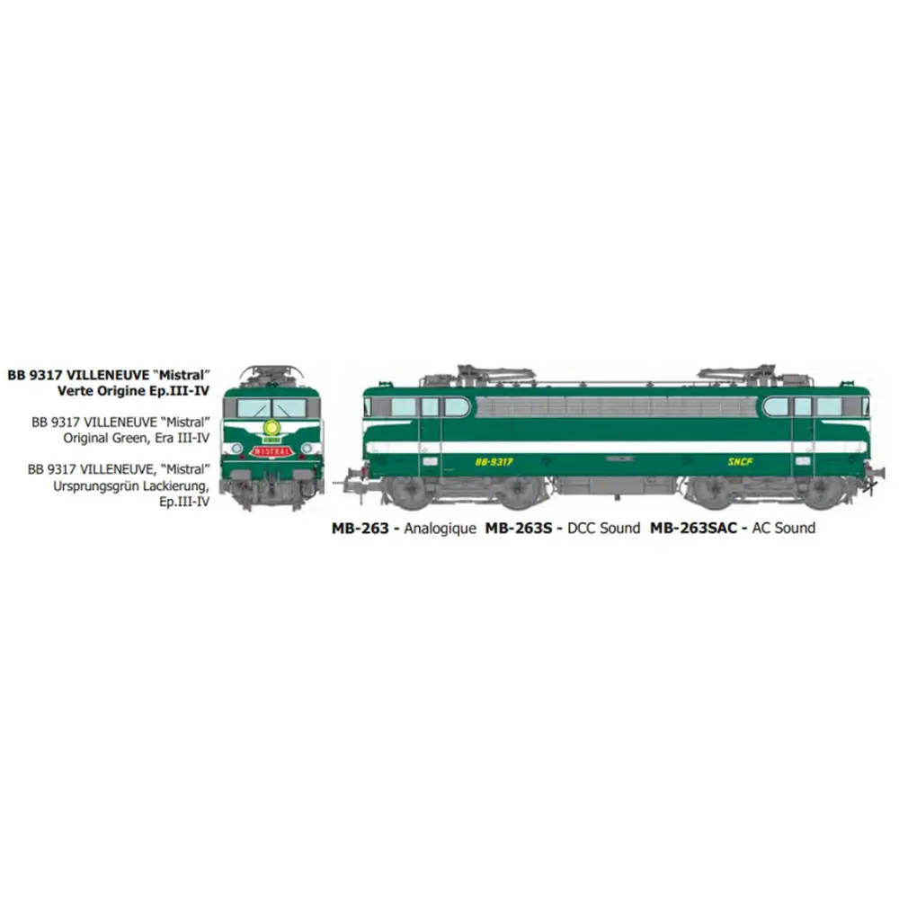 Locomotive électrique BB 9317, livrée verte, dépôt de Villeneuve avec plaque « Mistral » - Ree Modèles MB263SAC - HO 1/87 - SNCF - Ep III-IV - Digital sound - 3R