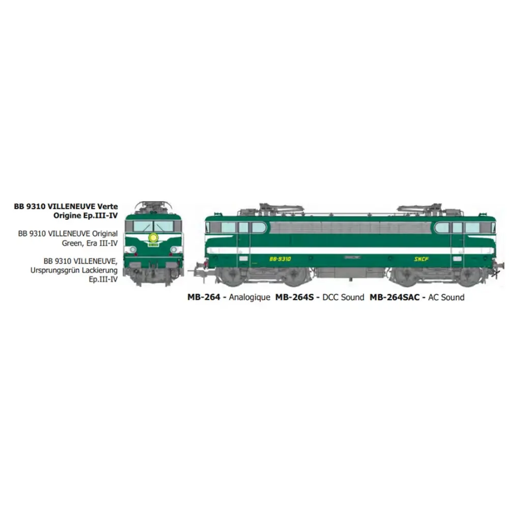Locomotive électrique BB 9310, livrée verte, dépôt de Villeneuve - Ree Modèles MB264 - HO 1/87 - SNCF - Ep III-IV - Analogique - 2R