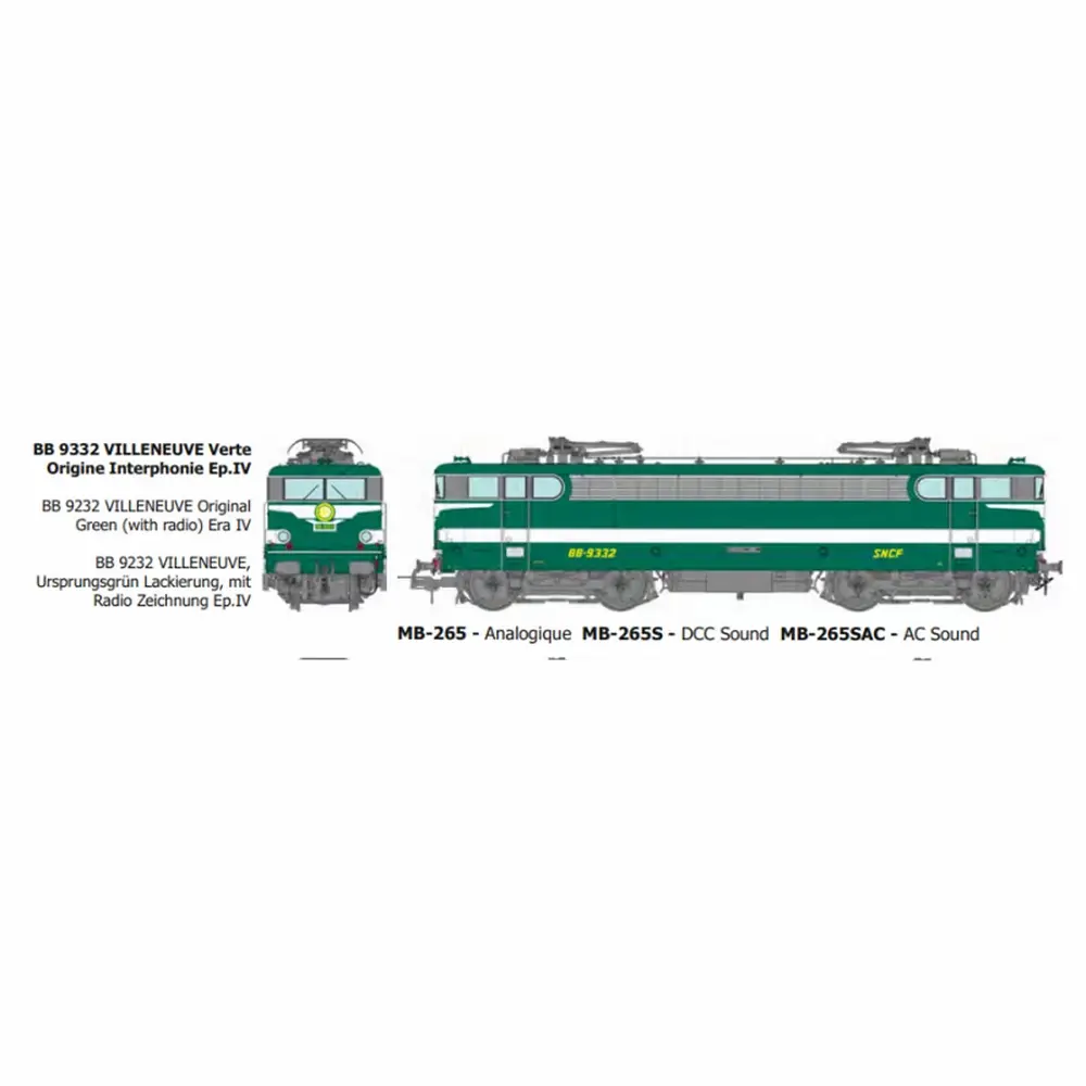 Locomotive électrique BB 9332, livrée verte origine Interphonie, dépôt de Villeneuve - Ree Modèles MB265S - HO 1/87 - SNCF - Ep IV - Digital sound - 2R