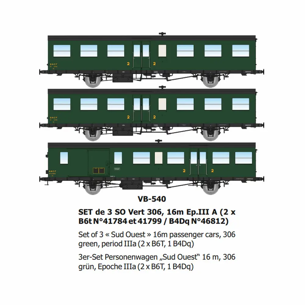 Set de 3 voitures voyageurs SO Vert 306, 16m, (2 x B6t N°41784 & 41799 / B4Dq N°46812) - Ree Modèles VB540 - HO 1/87 - SNCF - Ep IIIa - 2R