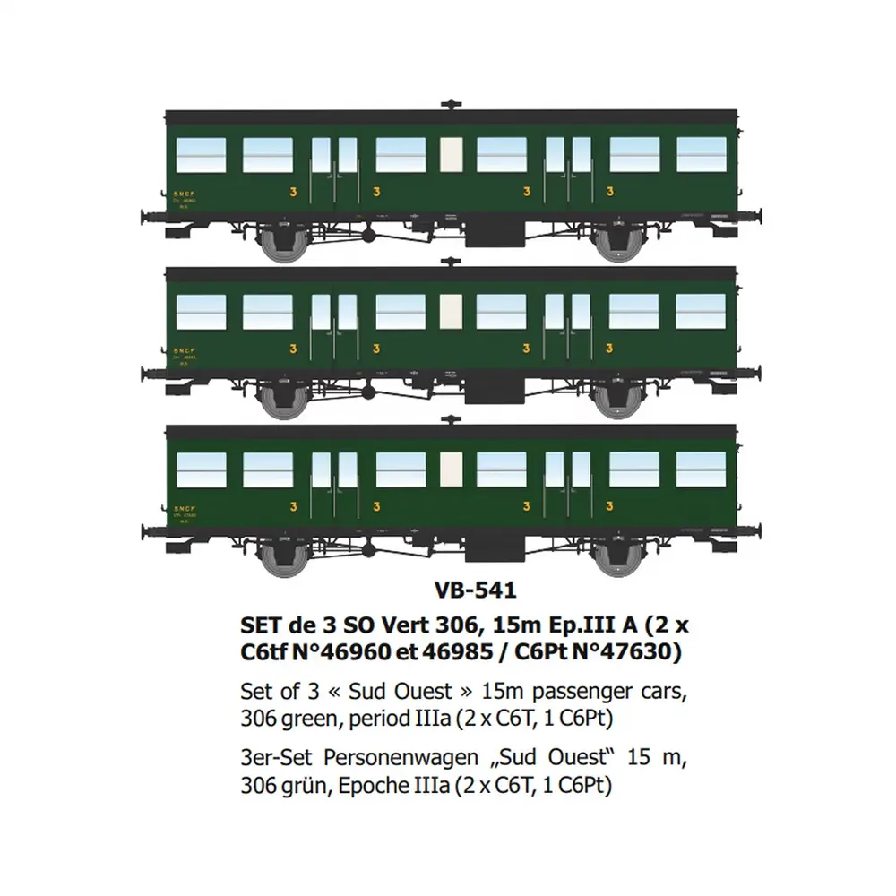 Set de 3 voitures voyageurs SO Vert 306, 15m, (2 x C6tf N°46960 et 46985 / C6Pt N°47630) - Ree Modèles VB541 - HO 1/87 - SNCF - Ep IIIa - 2R