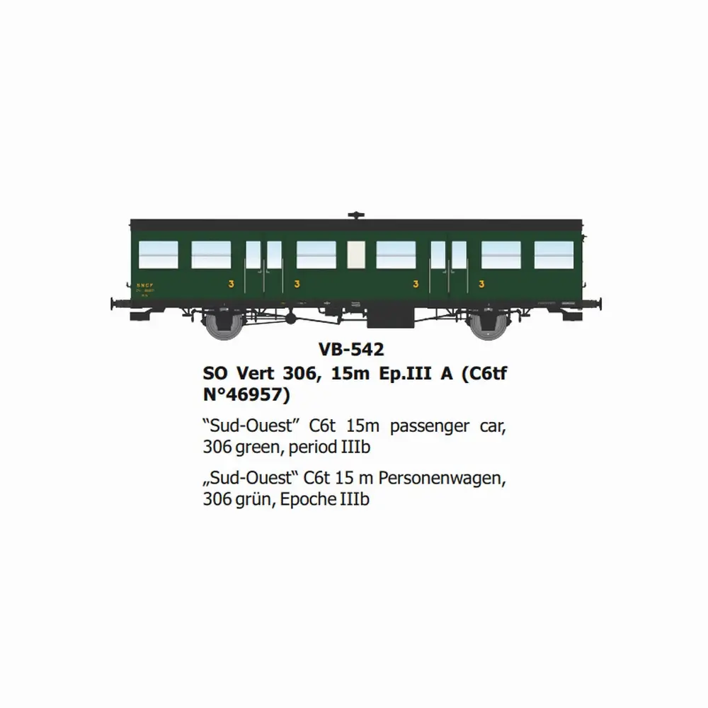 Voiture voyageurs SO Vert 306, 15m, (C6tf N°46957) - Ree Modèles VB542 - HO 1/87 - SNCF - Ep IIIa - 2R