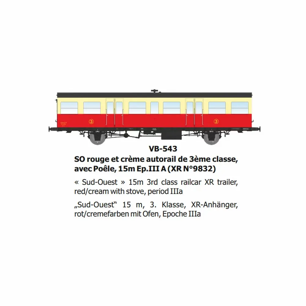Remorque d'autorail XR N°9832 SO rouge et crème autorail, 3e classe, avec poêle, 15m - Ree Modèles VB543 - HO 1/87 - SNCF - Ep IIIa - 2R
