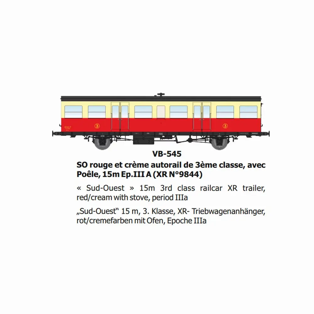 Remorque d'autorail XR N°9844 SO rouge et crème autorail, 3e classe, avec poêle, 15m - Ree Modèles VB545 - HO 1/87 - SNCF - Ep IIIa - 2R