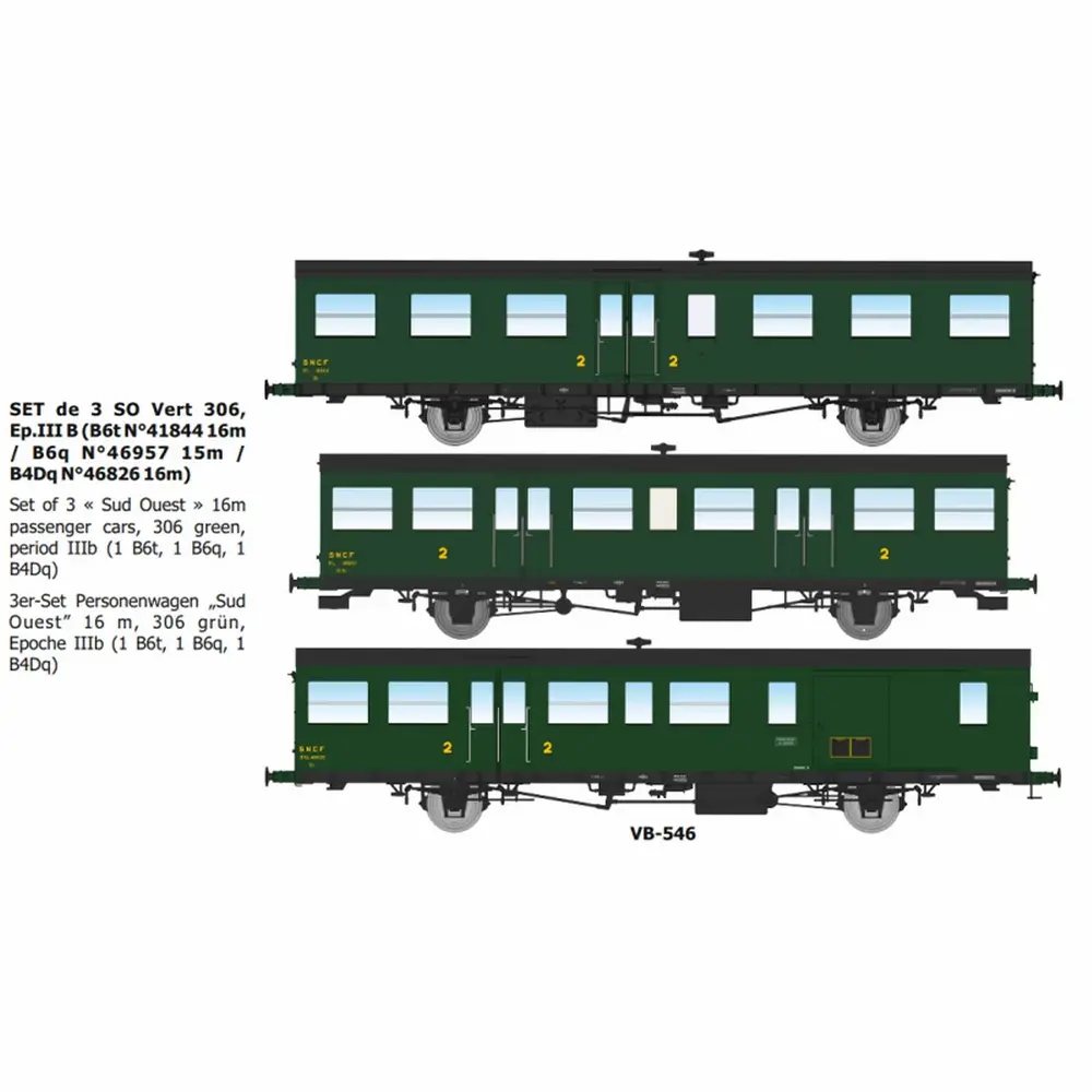 Set de 3 remorques d'autorail SO vert 306, 2e classe, B6t N°41844 16m / B6q N°46957 15m / B4Dq N°46826 16m - Ree Modèles VB546 - HO 1/87 - SNCF - Ep IIIb - 2R