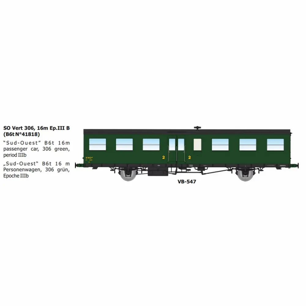 Remorque d'autorail SO vert 306, 2e classe, B6t N°41818 16m - Ree Modèles VB547 - HO 1/87 - SNCF - Ep IIIb - 2R