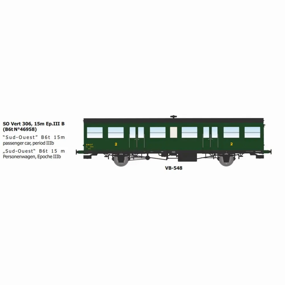Remorque d'autorail SO vert 306, 2e classe, B6t N°46958 15m - Ree Modèles VB548 - HO 1/87 - SNCF - Ep IIIb - 2R