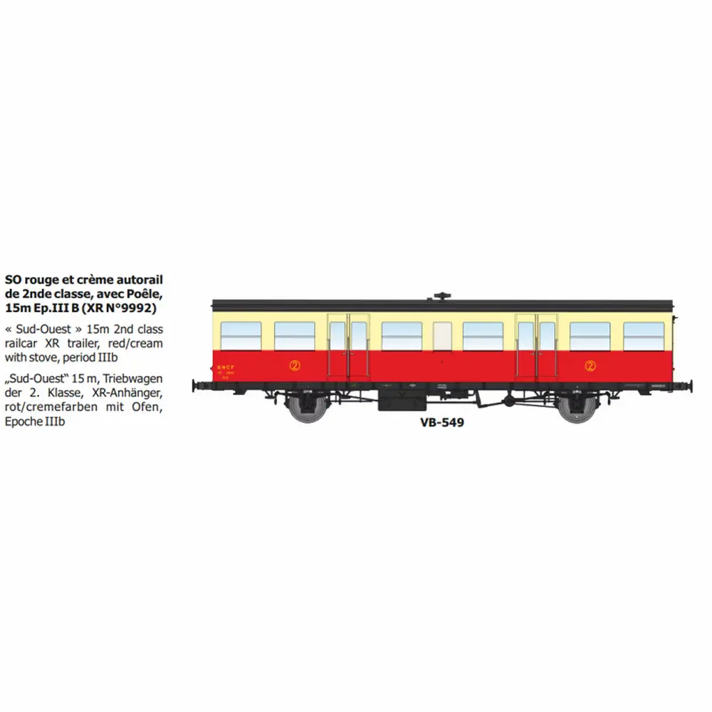 Remorque d'autorail XR N°9992 SO rouge et crème autorail, 2e classe, avec poêle, 15m - Ree Modèles VB549 - HO 1/87 - SNCF - Ep IIIb - 2R