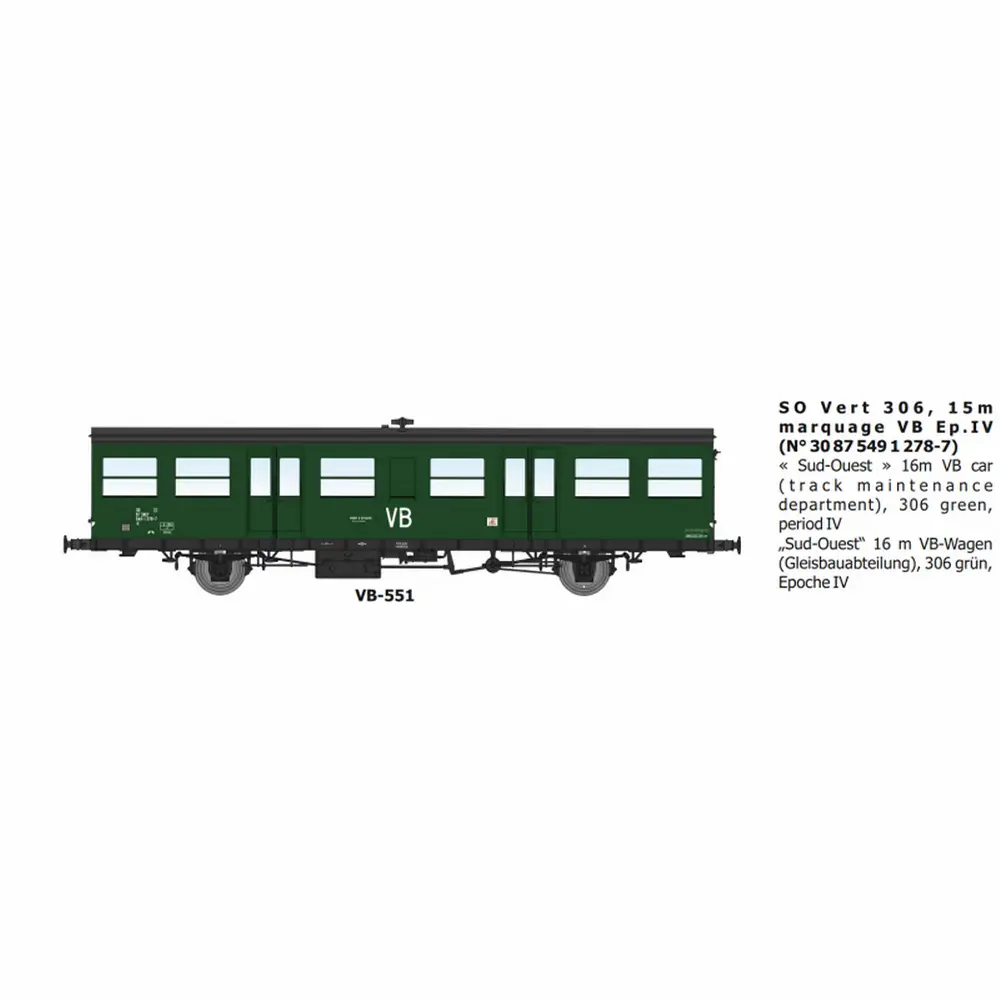 Voiture voyageurs Sud Ouest verte 306, 15m, marquage VB, n°30 87 549 1 278-7 - Ree Modèles VB551 - HO 1/87 - SNCF - Ep IV - 2R