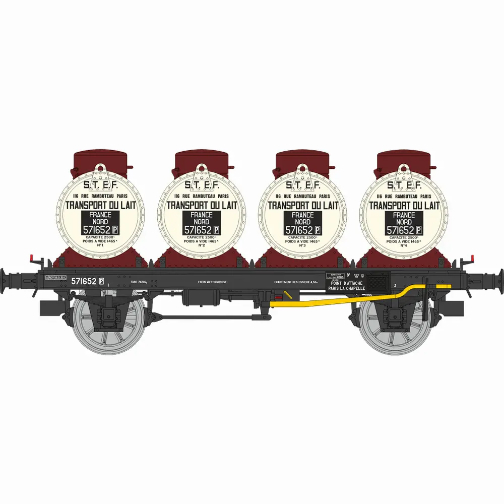 Wagon plat + 4 conteneurs citerne à lait « STEF » - Ree Modèles WB952 - HO 1/87 - NORD - Ep II - 2R