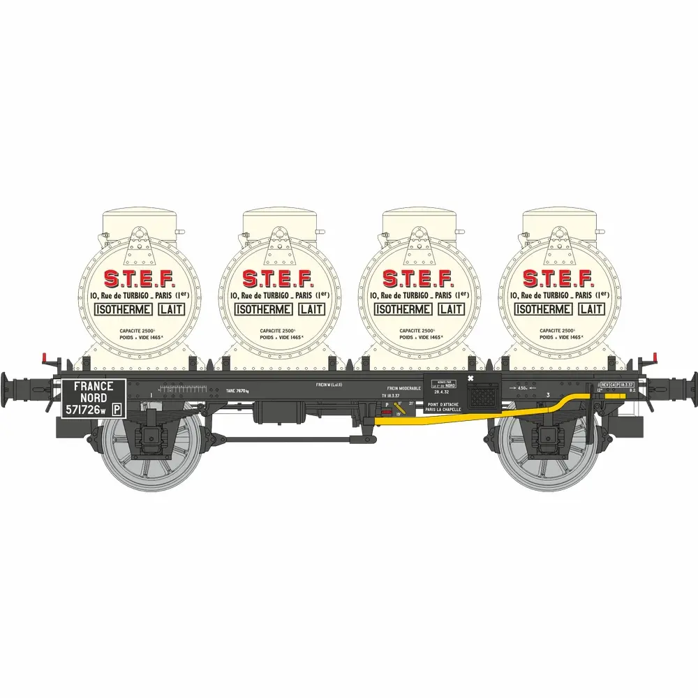 Wagon plat + 4 conteneurs citerne à lait « STEF » - Ree Modèles WB953 - HO 1/87 - NORD - Ep II - 2R