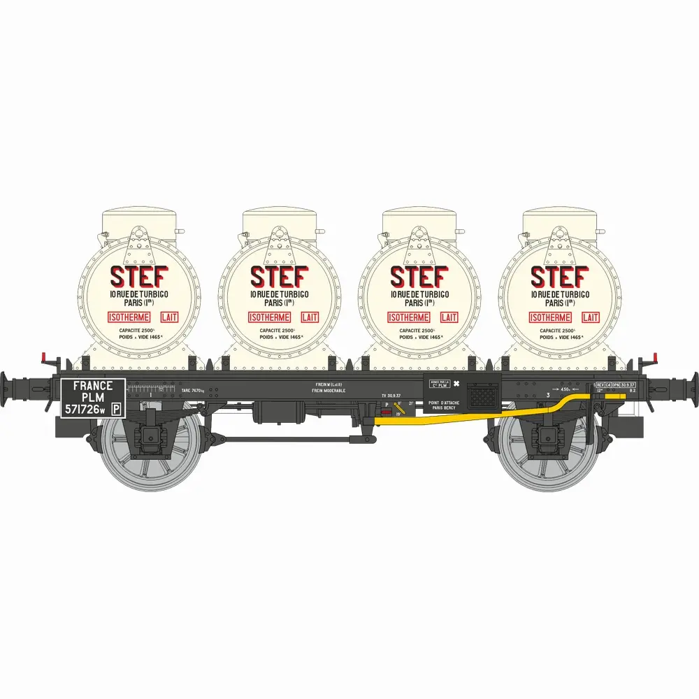 Wagon plat + 4 conteneurs citerne à lait « STEF » - Ree Modèles WB954 - HO 1/87 - PLM - Ep II - 2R