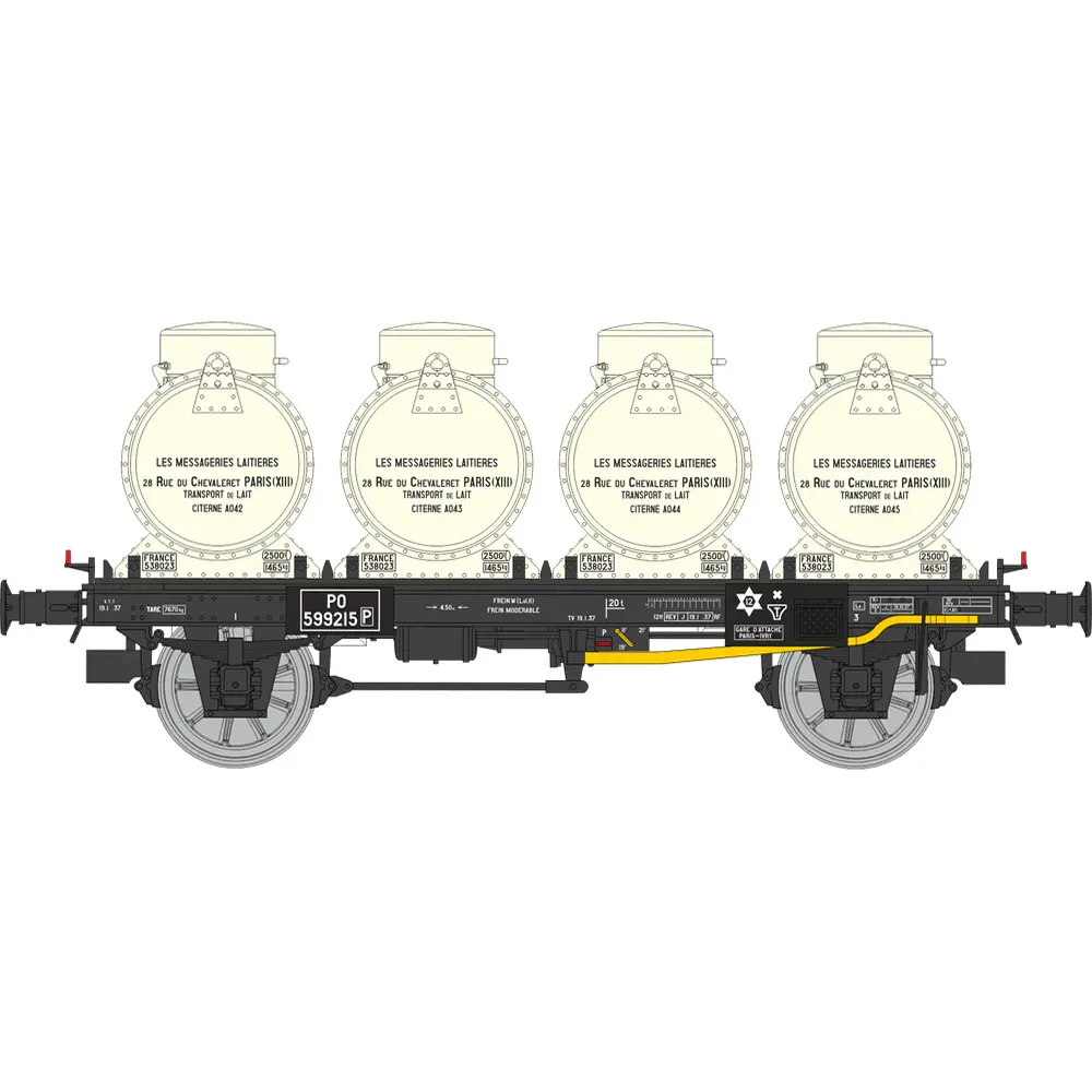 Wagon plat + 4 conteneurs citerne à lait « MESSAGERIES LAITIERES » - Ree Modèles WB955 - HO 1/87 - PO - Ep II - 2R