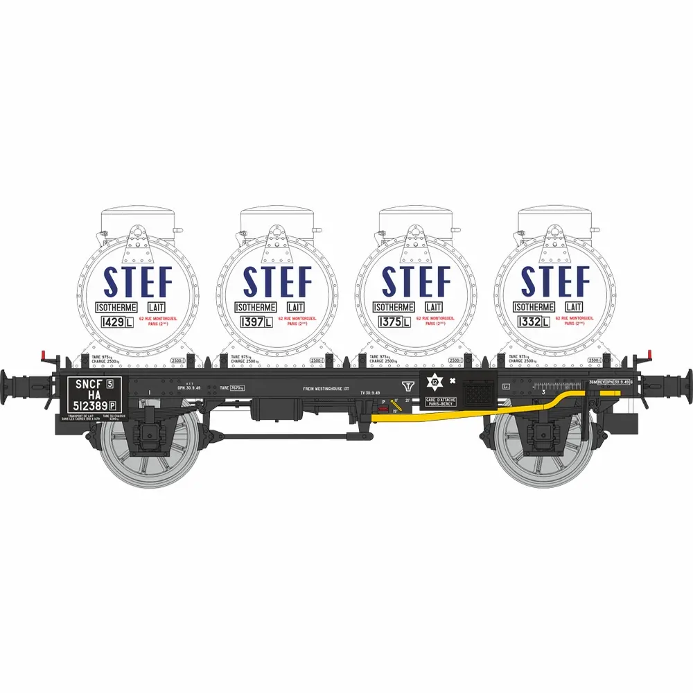 Wagon plat + 4 conteneurs citerne à lait « STEF » - Ree Modèles WB956 - HO 1/87 - SNCF - Ep IIIa - 2R
