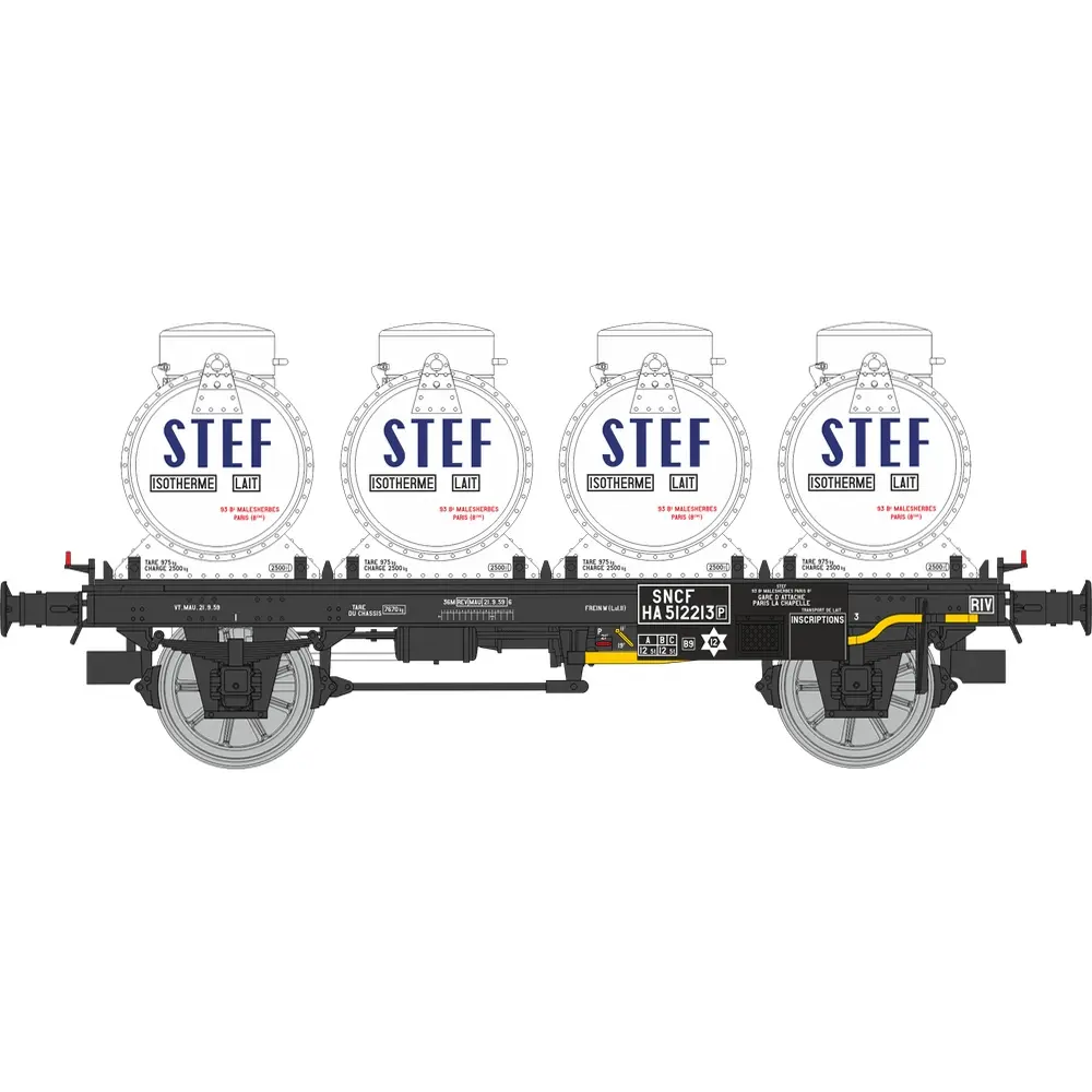 Wagon plat + 4 conteneurs citerne à lait « STEF » - Ree Modèles WB957 - HO 1/87 - SNCF - Ep IIIb - 2R