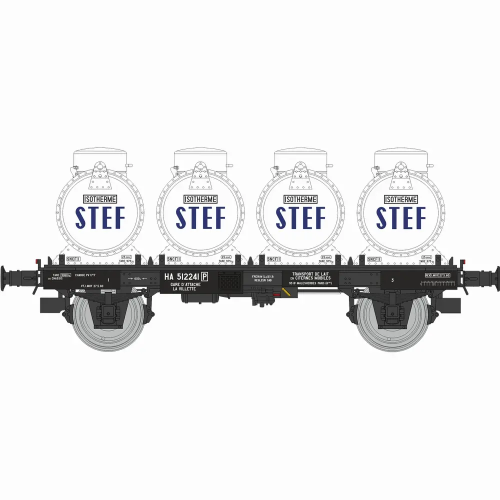 Wagon plat + 4 conteneurs citerne à lait « STEF » - Ree Modèles WB958 - HO 1/87 - SNCF - Ep III - 2R