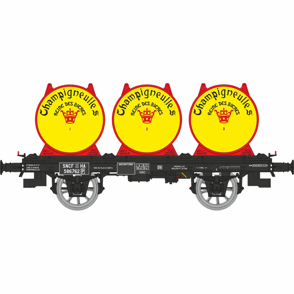 Wagon plat OCEM 19 + 3 conteneurs citerne à bière « CHAMPIGNEULLES » - Ree Modèles WB990 - HO 1/87 - SNCF - Ep III - 2R