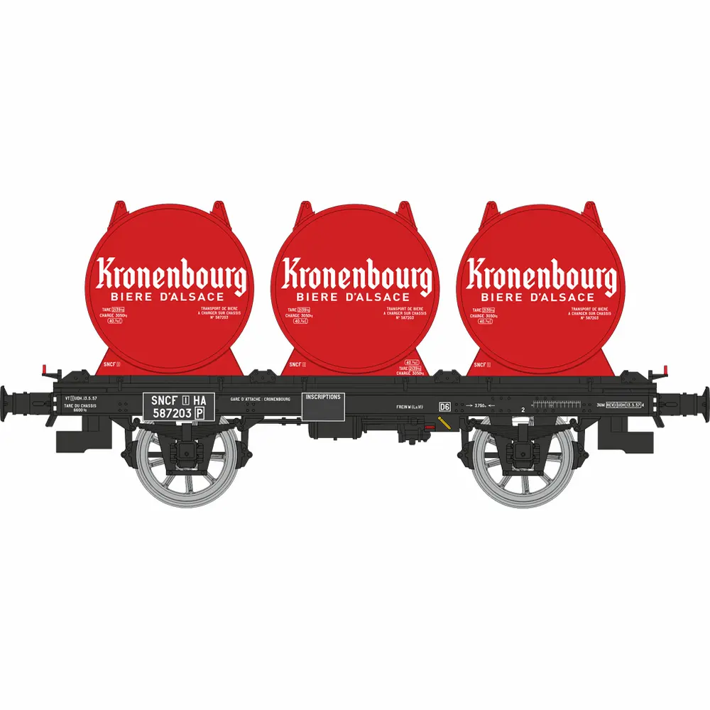 Wagon plat OCEM 19 + 3 conteneurs citerne à bière « KRONENBOURG » - Ree Modèles WB992 - HO 1/87 - SNCF - Ep III - 2R