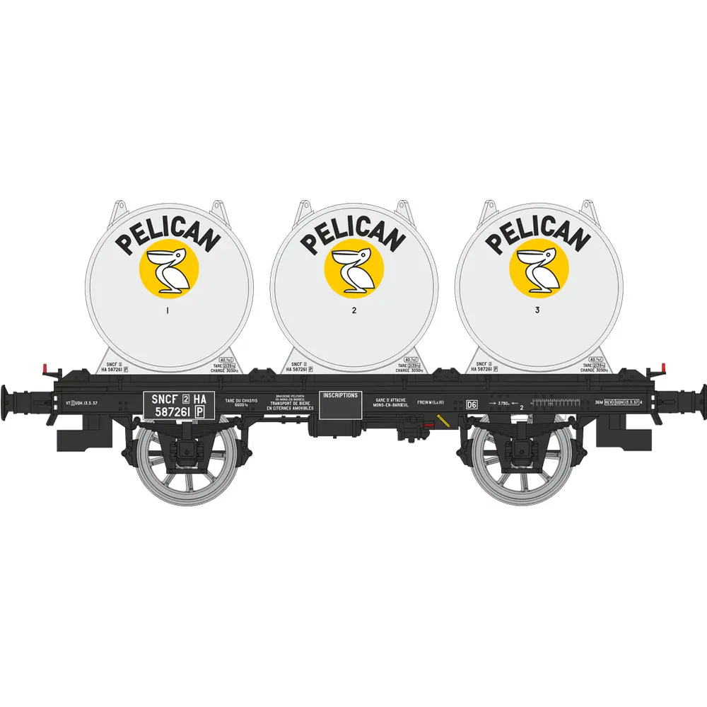 Wagon plat OCEM 19 + 3 conteneurs citerne à bière « PELICAN » - Ree Modèles WB993 - HO 1/87 - SNCF - Ep III - 2R