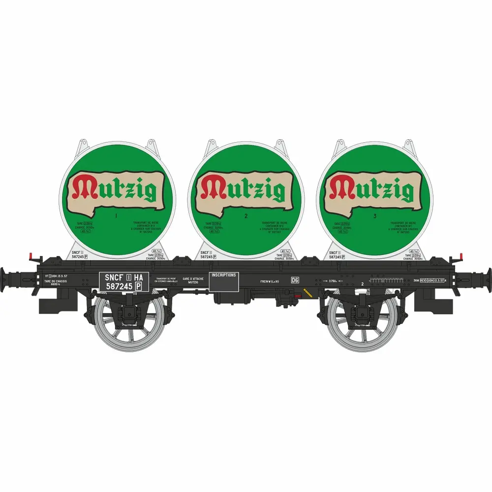 Wagon plat OCEM 19 + 3 conteneurs citerne à bière « MUTZIG » - Ree Modèles WB994 - HO 1/87 - SNCF - Ep III - 2R