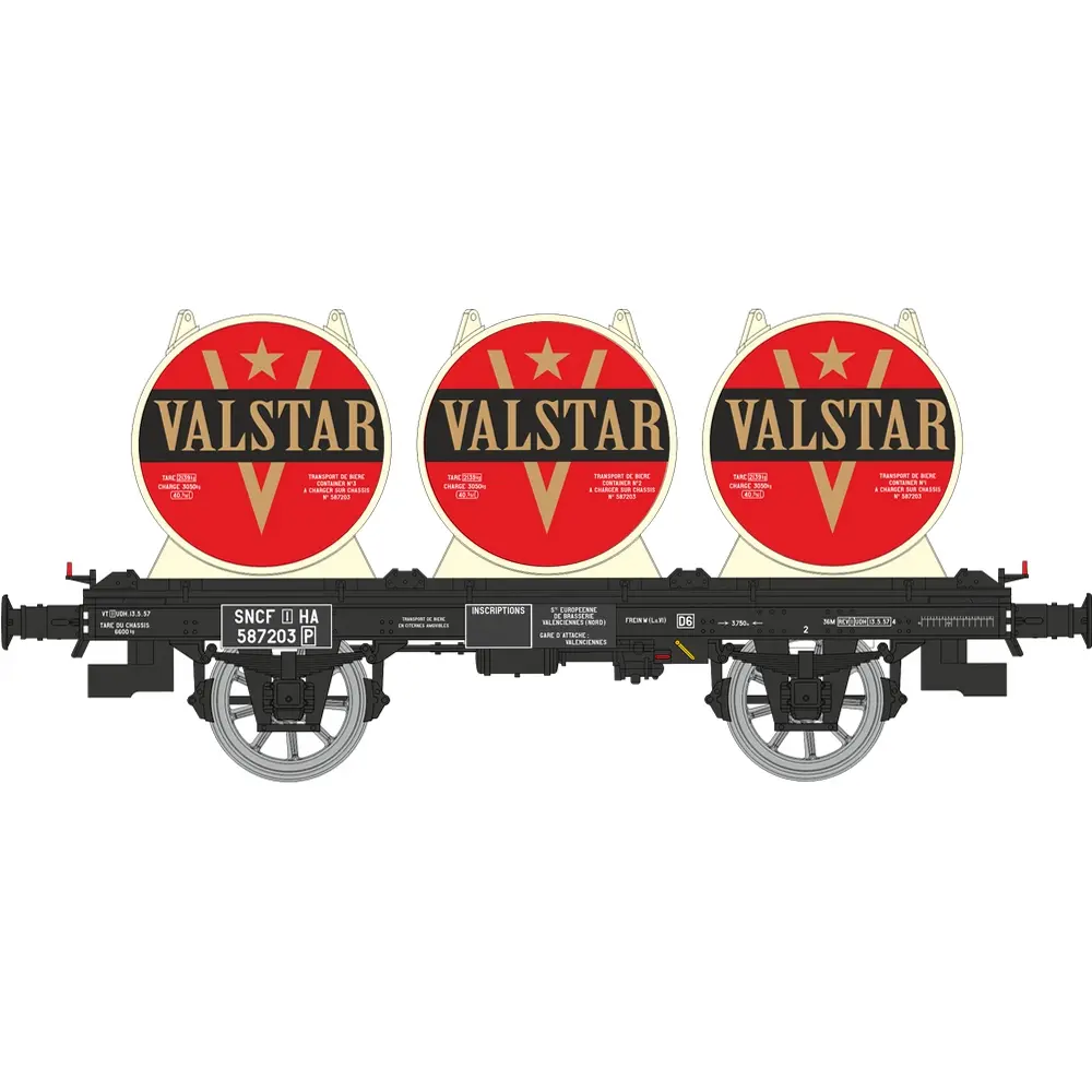 Wagon plat OCEM 19 + 3 conteneurs citerne à bière « VALSTAR » - Ree Modèles WB995 - HO 1/87 - SNCF - Ep III - 2R