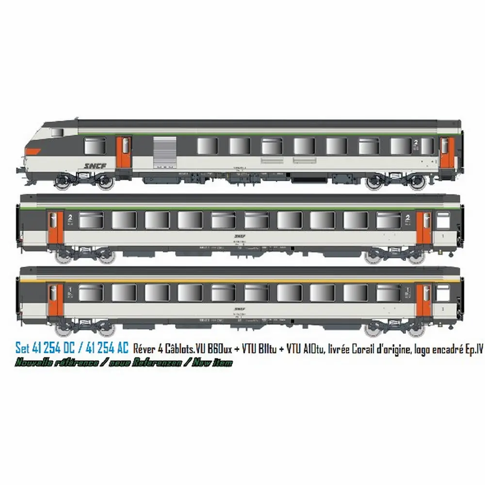 Set de 3 voitures Corail Réver 4 cablots, livrée Corail d’origine, logo encadré - LS Models 41254DC - HO 1/87 - SNCF - Ep IV - Analogique - 2R