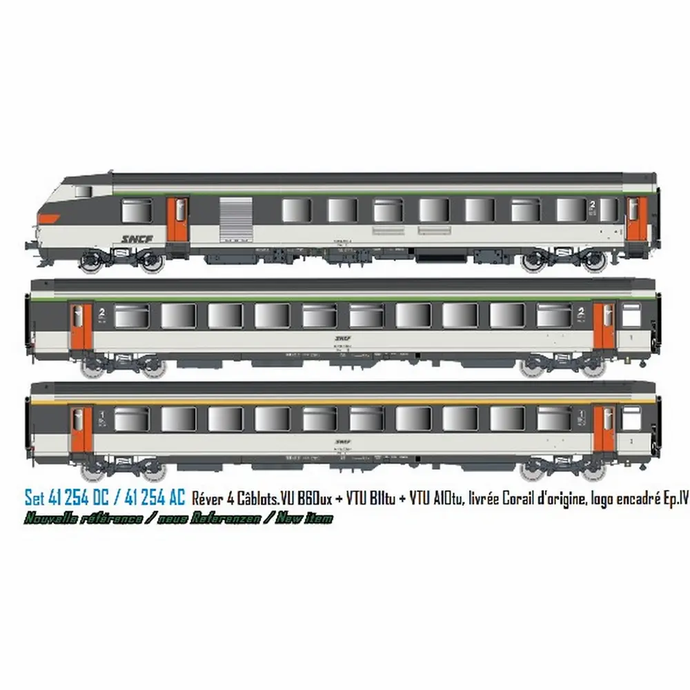 Set de 3 voitures Corail Réver 4 cablots, livrée Corail d’origine, logo encadré - LS Models 41254AC - HO 1/87 - SNCF - Ep IV - Analogique - 3R