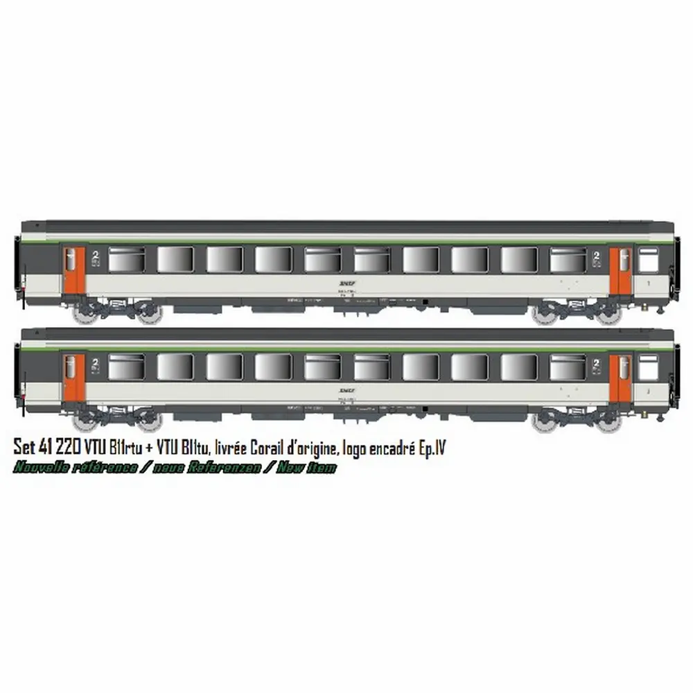 Set de 2 voitures Corail VTU B11rtu + B11tu, livrée d’origine, logo encadré - LS Models 41220 - HO 1/87 - SNCF - Ep IV - 2R