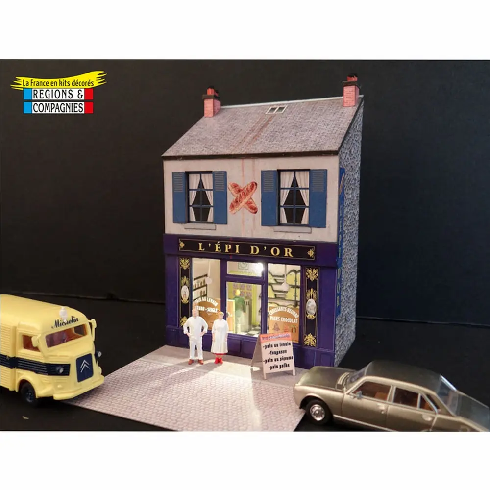 Mini-façade avec boulangerie + couple de boulangers - Régions et compagnies FAC036 - HO 1/87
