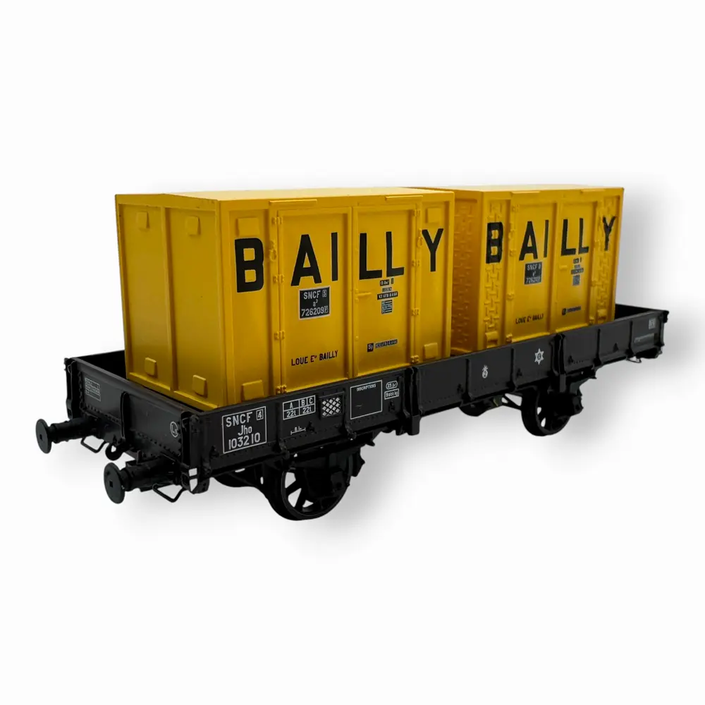 Wagon plat OCEM 29 + 2 conteneurs "BAILLY" jaunes - Ree Modèles WB126 - HO 1/87 - SNCF - Ep III - 2R