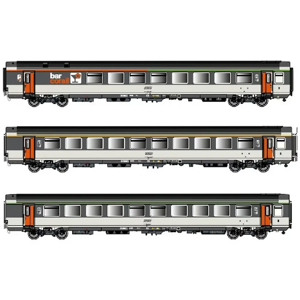 Set de 3 voitures Corail VTU B5rtux A10tu B11tu avec bar, livrée d’origine, logo encadré - LS Models 41996 - HO 1/87 - SNCF - Ep IV - 2R