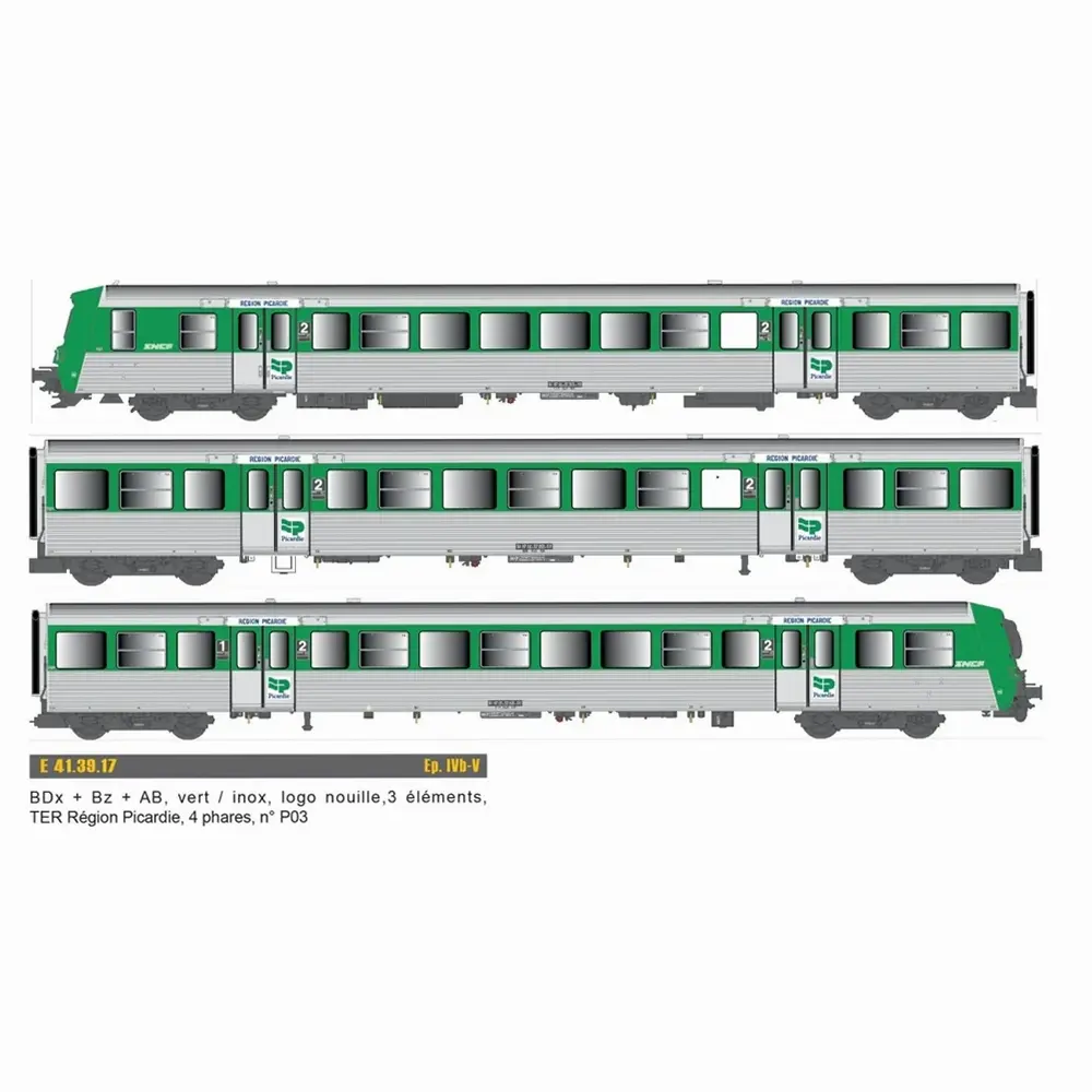 Rame Réversible Régional (RRR) Picardie vert/inox n°P03 -  EPM 41.39.17 - HO 1/87 - SNCF - Ep IVb-V - Analogique/Digital - 2R