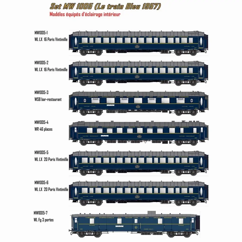 Set de 7 voitures « Le Train Bleu » 1957 - Models World 1005 - HO 1/87 - CIWL - Ep III - 2R