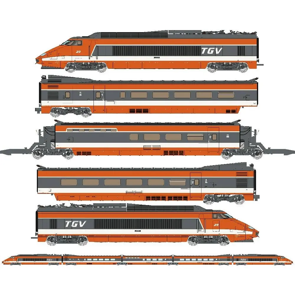 TGV PSE Rame Origine N°29 suspension à ressort (Coffret 5 éléments : Motrices + Remorques R1 + R8 + R4 Bar) - Ree Modèles TGV001S - HO 1/87 - SNCF - Ep IV - Digital sound - 2R