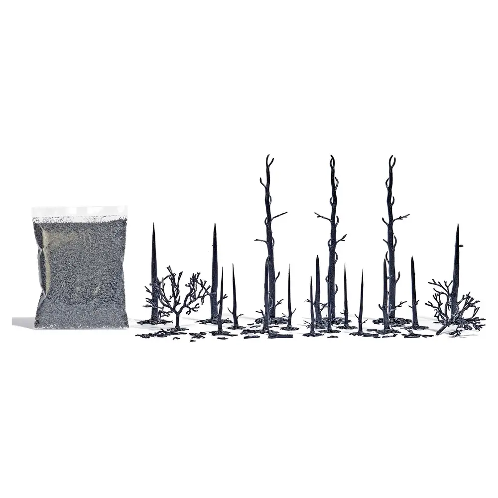 Lot de 17 arbres calcinés, 2 buissons & cendres BUSCH 1854 - HO 1/87 -