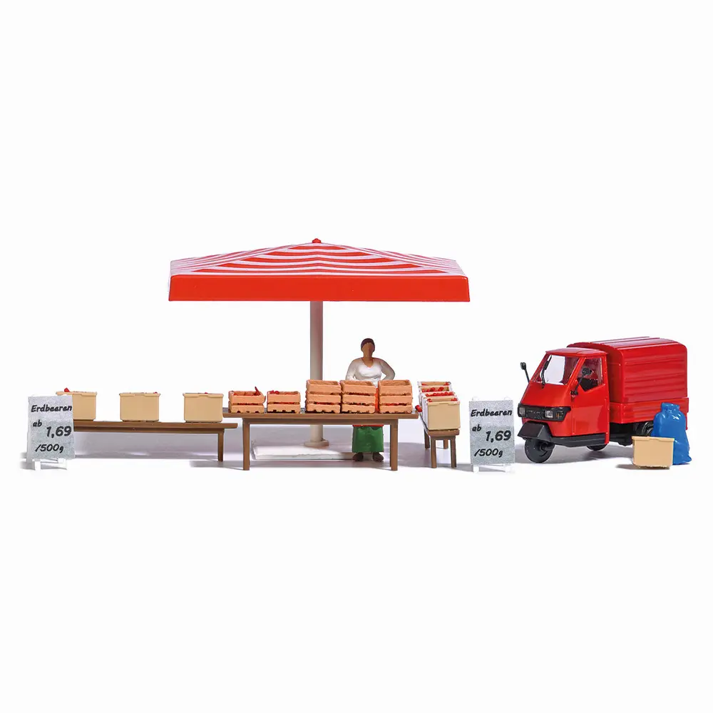 Scénette "Au marché et étal de fraises" - Busch 7913 - HO 1/87