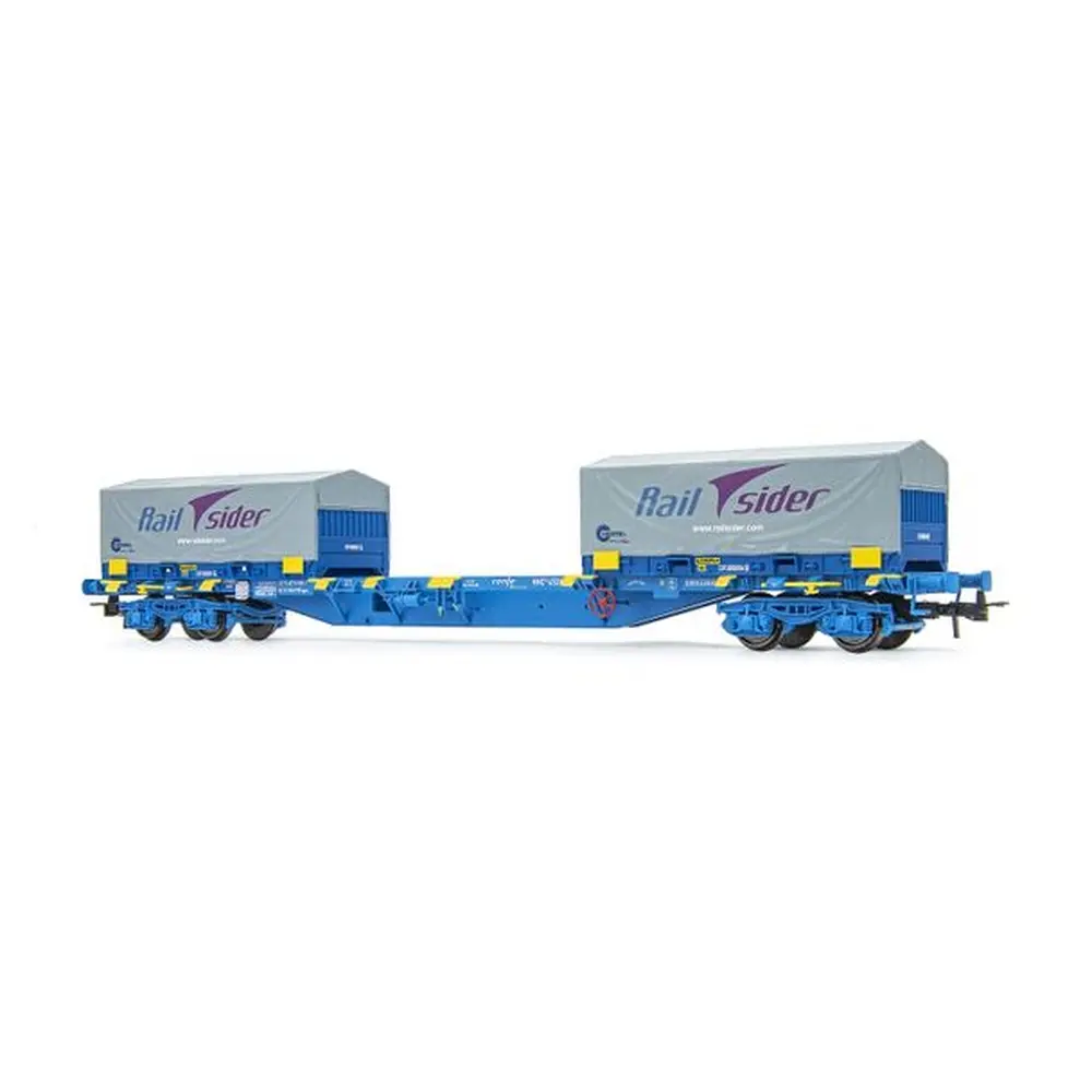 Wagon porte-conteneurs à 4 essieux MMC3, livrée bleue, chargé de deux conteneurs à bobines de 20 pieds « Cadfer/Railsider » - Électrotren HE6063 - HO 1/87 - RENFE - Ep VI - 2R