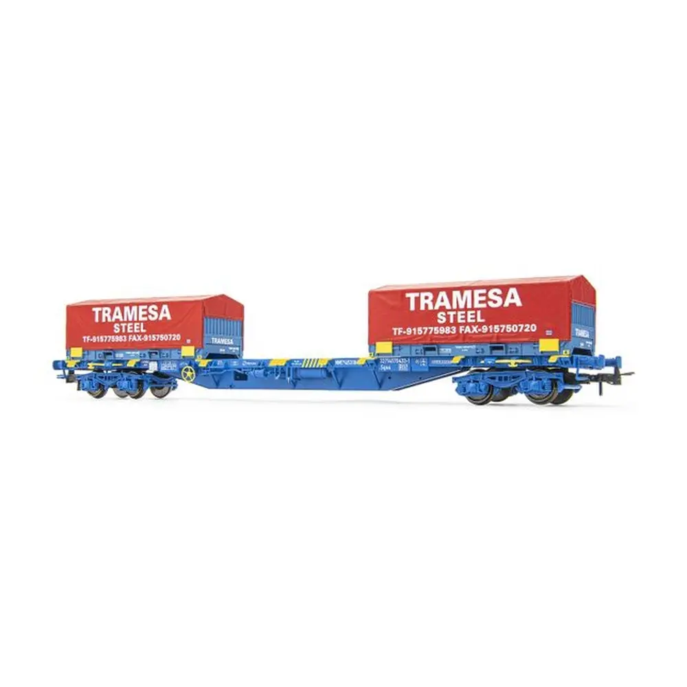 Wagon plat porte-conteneurs MMC3, chargé de 2 conteneurs à bobines de 20' "TRAMESA", livrée bleue - Électrotren HE6064 - HO 1/87 - RENFE - Ep VI - 2R
