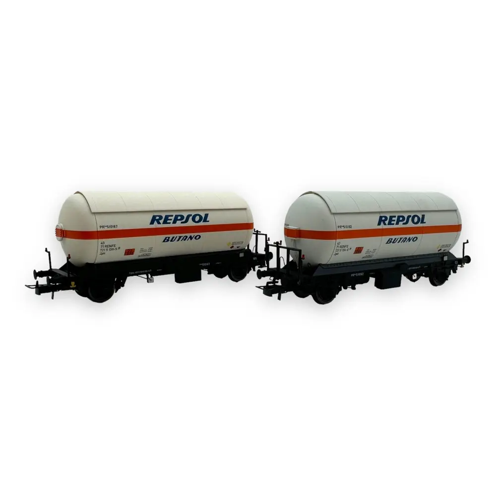 Coffret de 2 wagons citernes à gaz à 2 essieux Zgkk avec toit ouvrant, "REPSOL Butano" - Électrotren HE6066 - HO 1/87 - RENFE - Ep IV - 2R