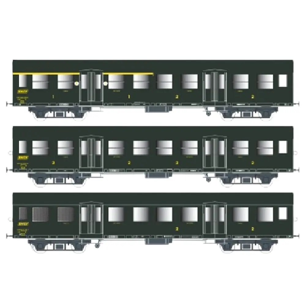 Set de 3 Voitures Romilly - A5B4TZ+B91/2T+B7DT - Vert + Chassis Gris - Eclairage Intérieur - Logo Jaune Encadré - SNCF - EP. IV - EPM 41.33.05 - 2R - HO : 1/87