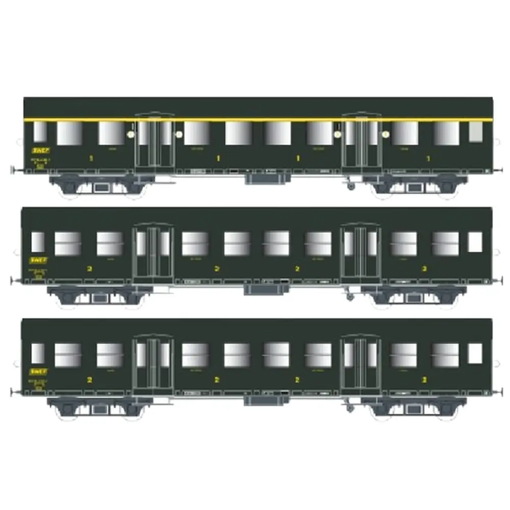 Set de 3 Voitures Romilly - A10 1/2T+B9 1/2T+B9 1/2T - Vert - SNCF - EP. IV - EPM 41.33.06 - HO : 1/87