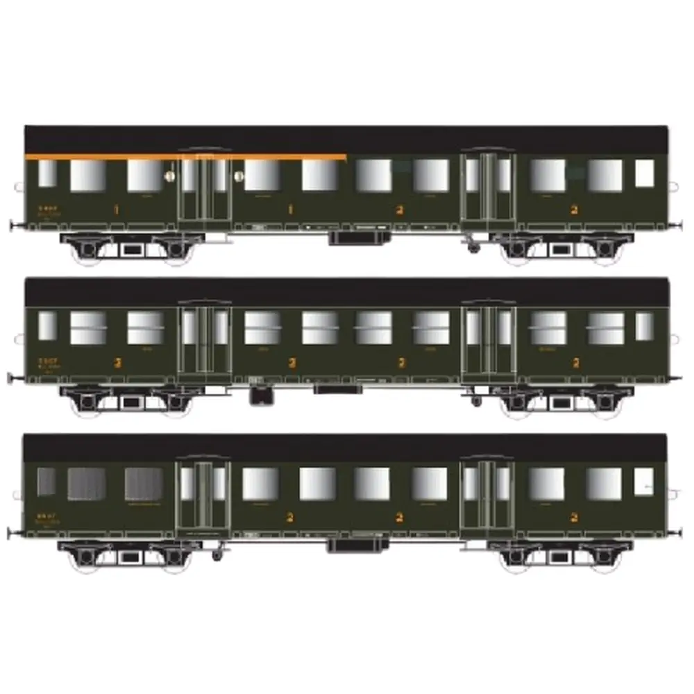 Set de 3 Voitures Romilly - ABTMYP + BTMYFP + BDTMYP - Vert - Chassis Noir - SNCF - EP. III -  EPM 41.33.08 - HO : 1/87